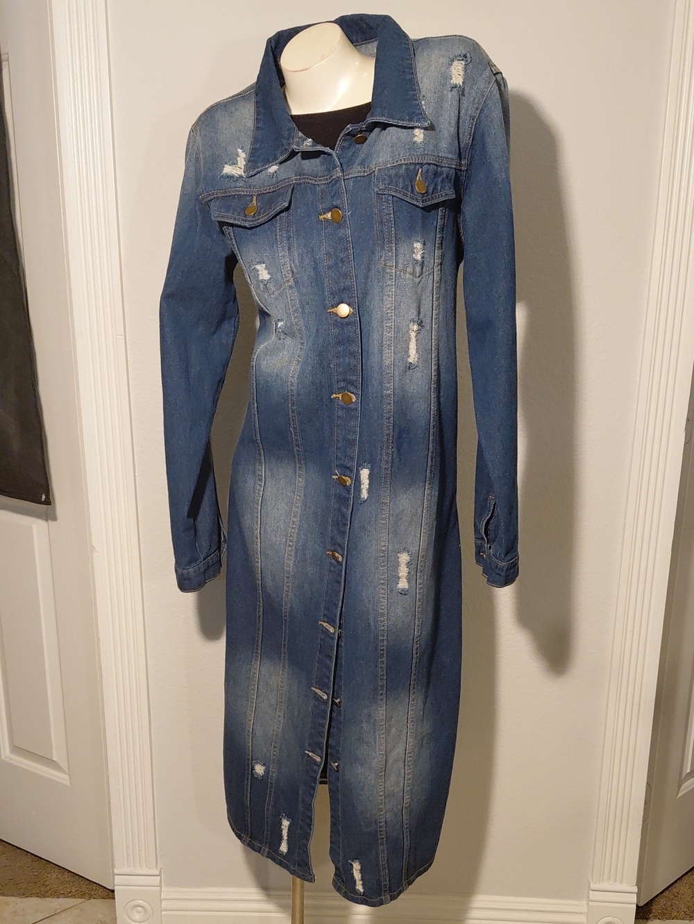 Long Distressed Blue Denim Coat